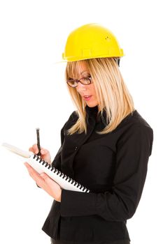 A businesswoman with documents and pencil on white background