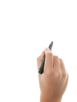 Hand writing on copy space. Beautiful female hand holding black marker pen . Brightly lit with backlight and isolated on white background.