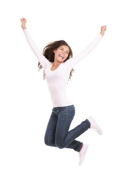 Happy woman jumping. Excited young woman jumping of joy. Full length portrait of mixed race chinese / caucasian model isolated on seamless white background. 