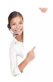 Headset woman from call center standing with billboard. Mixed race chinese / caucasian model isolated on white background. 