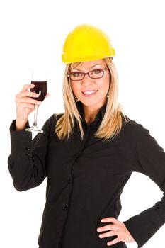 businesswoman with a glass of wine on white background