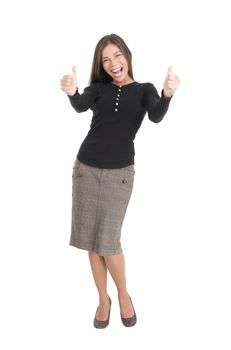 Happy businesswoman isolated on white giving thumbs up. Mixed race chinese / caucasian model.