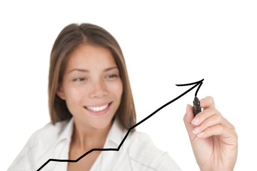 Business success and growth concept. Graph / chart drawing by young beautiful businesswoman with pen writing on whiteboard. Focus on the black marker. Mixed race chinese / caucasian model isolated on white background. 