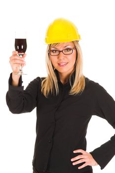 businesswoman with a glass of wine on white background