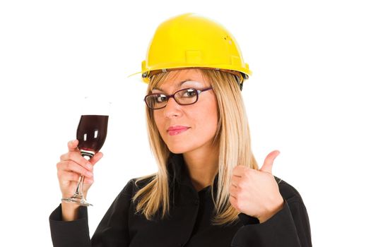 businesswoman with a glass of wine on white background