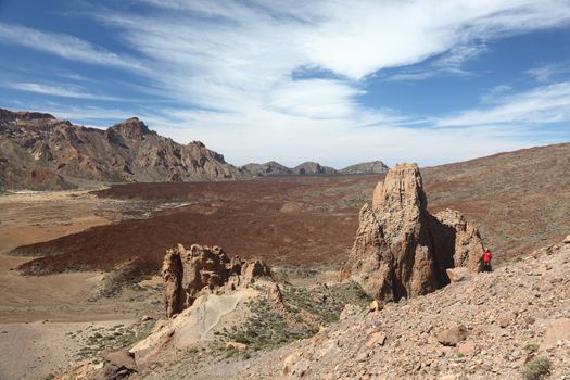 Tenerife. The famous tourist attraction on Teide, Tenerife: Los Roques de Garcia. Here with model released hiker in the scenic landscape.