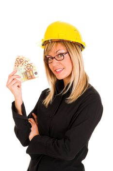 A businesswoman with earnings on white background