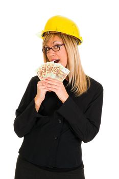 A businesswoman with earnings on white background