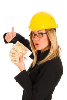 A businesswoman with earnings on white background