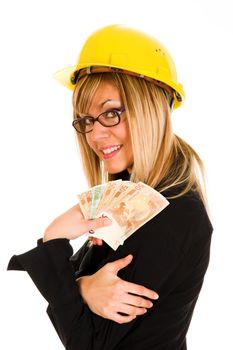 A businesswoman with earnings on white background