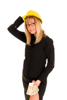 A businesswoman with earnings on white background