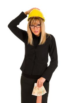 A businesswoman with earnings on white background