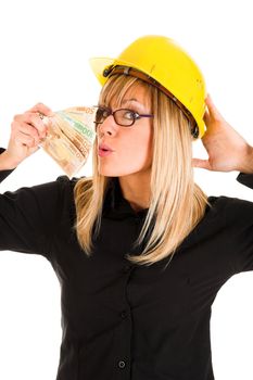 A businesswoman with earnings on white background