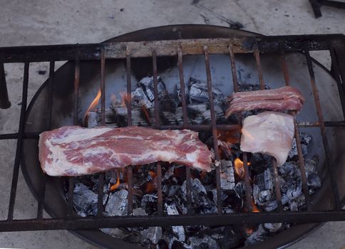 close-up on meat on hot barbeque, improvised in the summer