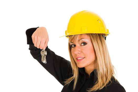 A businesswoman with keys on white background