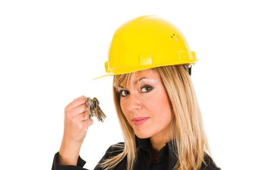 A businesswoman with keys on white background