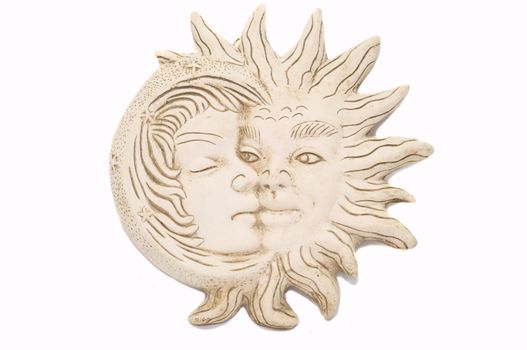 amazing mayan sculpture of the moon and the sun, isolated on white, copy space