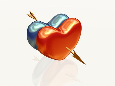 two 3d hearts, red and blue golden, pierced together by arrow