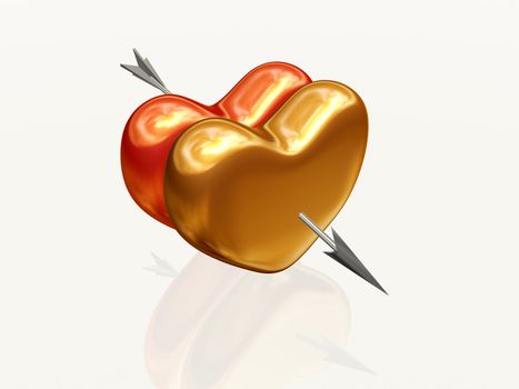 two 3d hearts, red and golden, pierced together by arrow