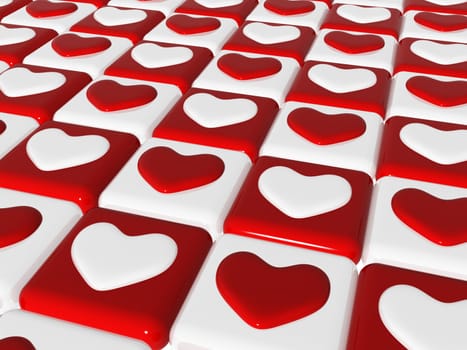 many 3d red and white  hearts  over red and white chess-board, background
