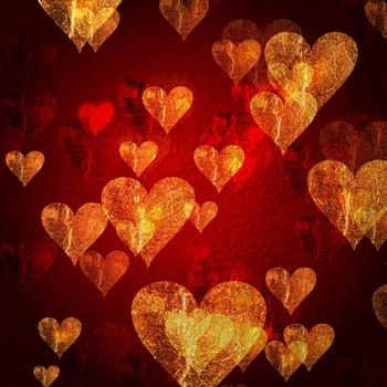 red and golden hearts over red background with feather center