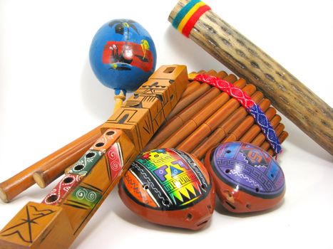 A group of Hispanic musical instruments with white background.
