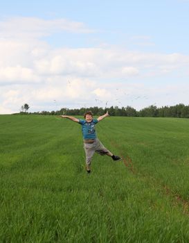 boy, youth, play, spring, grass, joy, gladness, merriment, relaxation, leave, nature, summer, field 