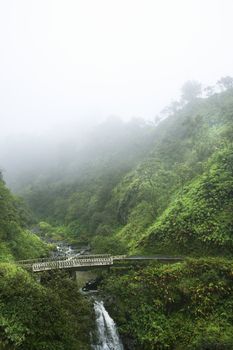 Mist above waterfall on the Road to Hana, Hana Highway, Hawaii, USA.
