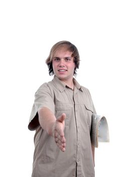 businessman with newspaper and take handshake