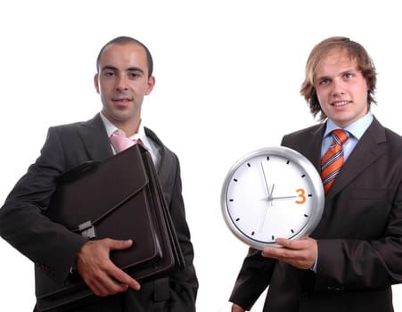 two young businessman, ione holding clock and other holding one folder