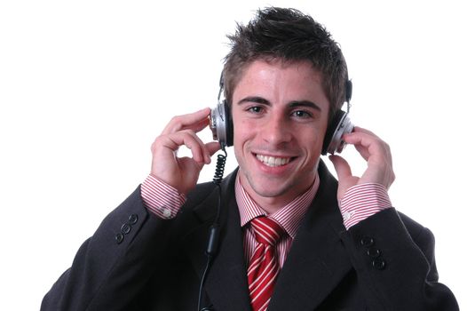 young businessman listen music on white