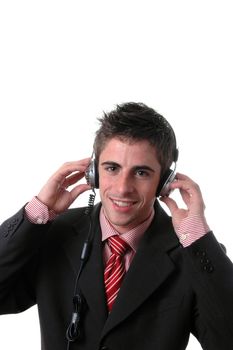 young businessman listen music on white