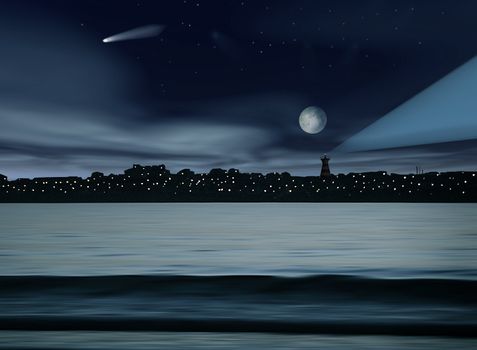 Night scene of a beach created in PS