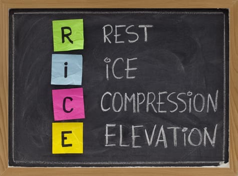 RICE (Rest, Ice, Compression, Elevation) - humorous medical acronym for the treatment of certain leg and foot injuries; colorful sticky notes, white chalk handwriting on blackboard