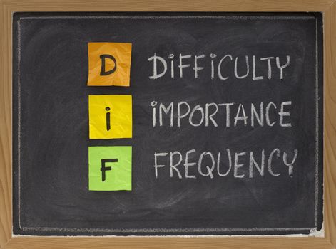 difficulty, importance, frequency - DIF analysis, a method of assessing performance, prioritising training needs and planning; color sticky notes, white chalk handwriting on blackboard