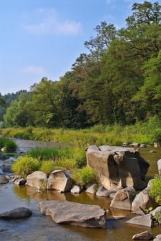 Boulders on coast of the river located at an edge of a wood