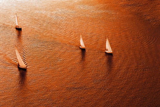 Sailing regatta in warm tones. The top view