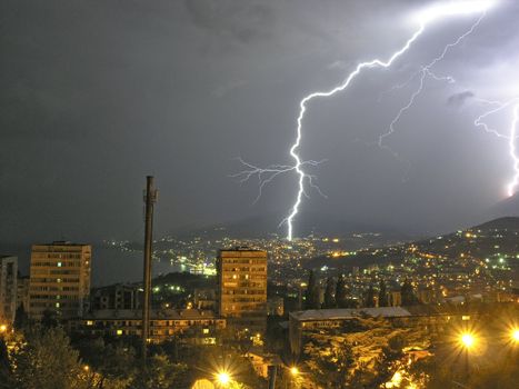 Night thunderstorm and a flash of lightning