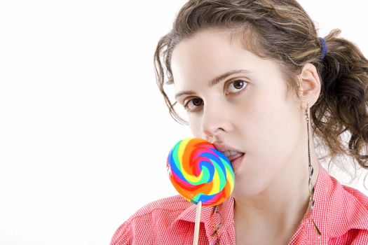 woman with candy on white background
