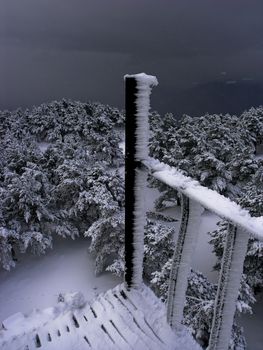 Snow with iron and frozen forest