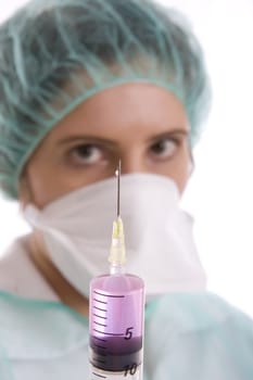 doctor holding syringe on white background
