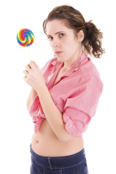 woman with candy on white background
