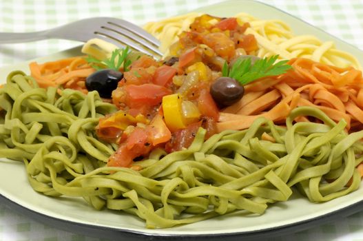 Tricolored fresh pasta served with a vegetarian sauce and olives