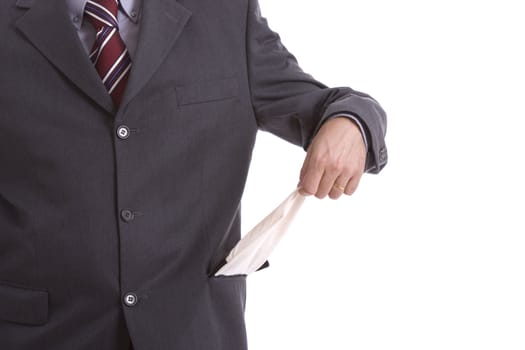 man with empty pocket, isolated on white background
