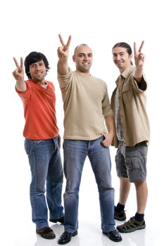 three young casual man over white