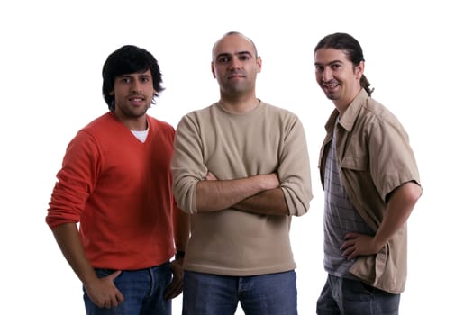 three young casual man over white