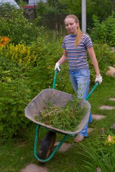 Young pretty women wheel a barrow with weeds