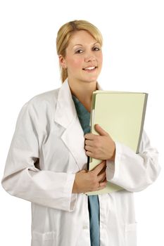 A beautiful young blond female doctor, dentist, nurse carrying medical files.
