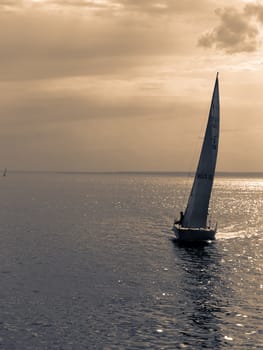 Duotone shot of sailboat on sea.