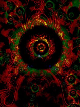 African or Aboriginal Style Eye Fractal Pattern with Dark Red and Gloomy Green Forest Flame Effects
